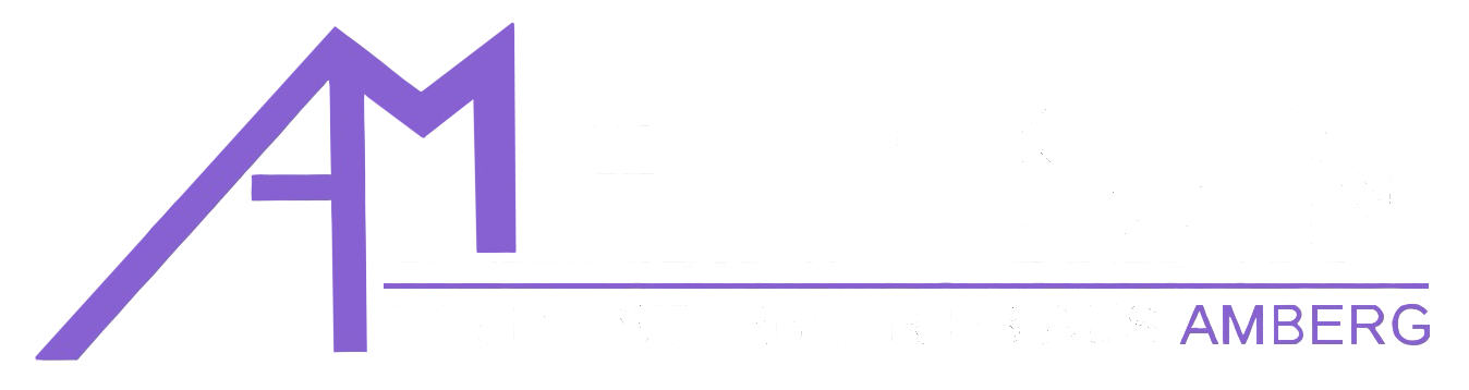 AM Fliesen Logo mit weißer Schrift und Lila Akzenten.
