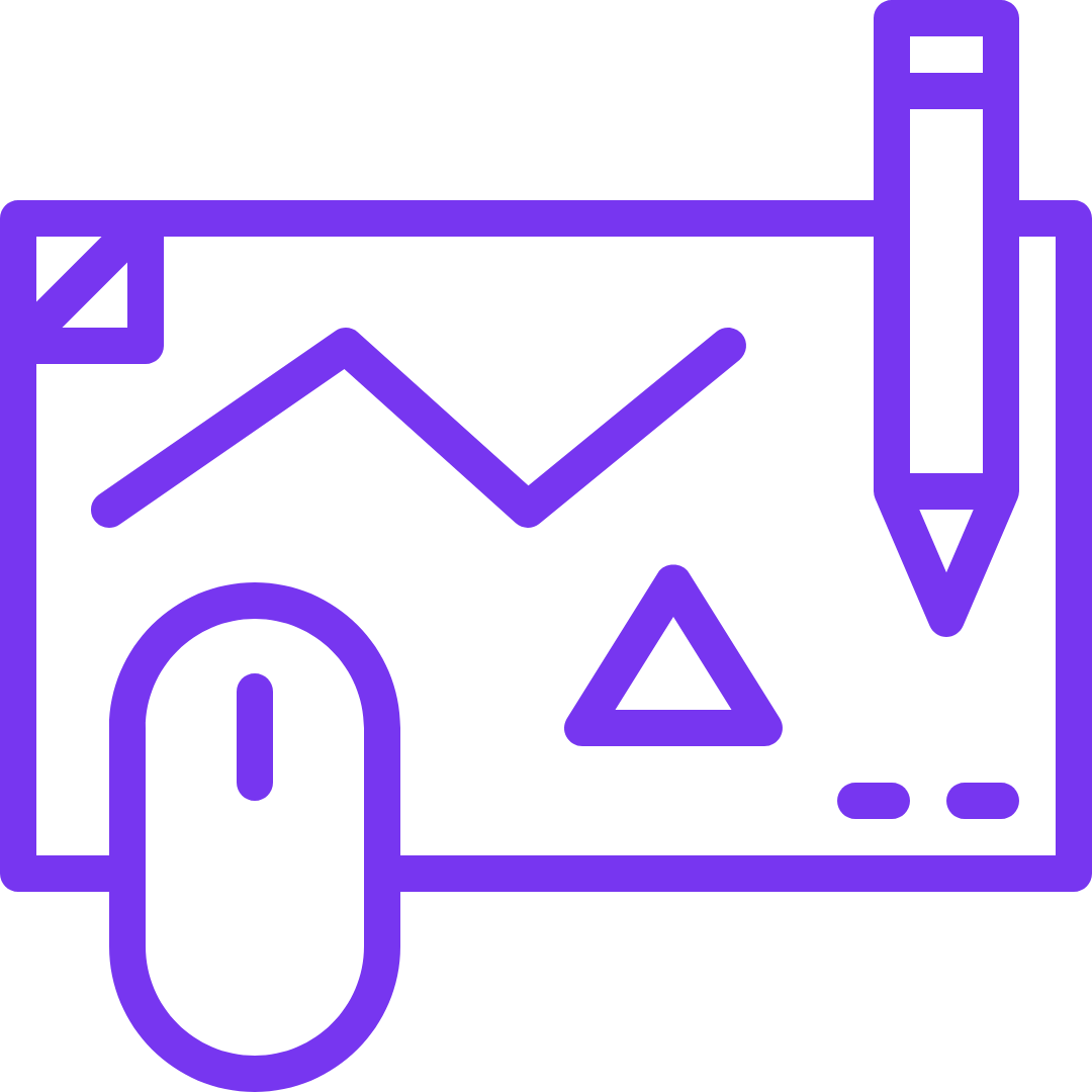 Lila Icon mit einer Maus und einen Grafikprogramm sowie eines Stifts.