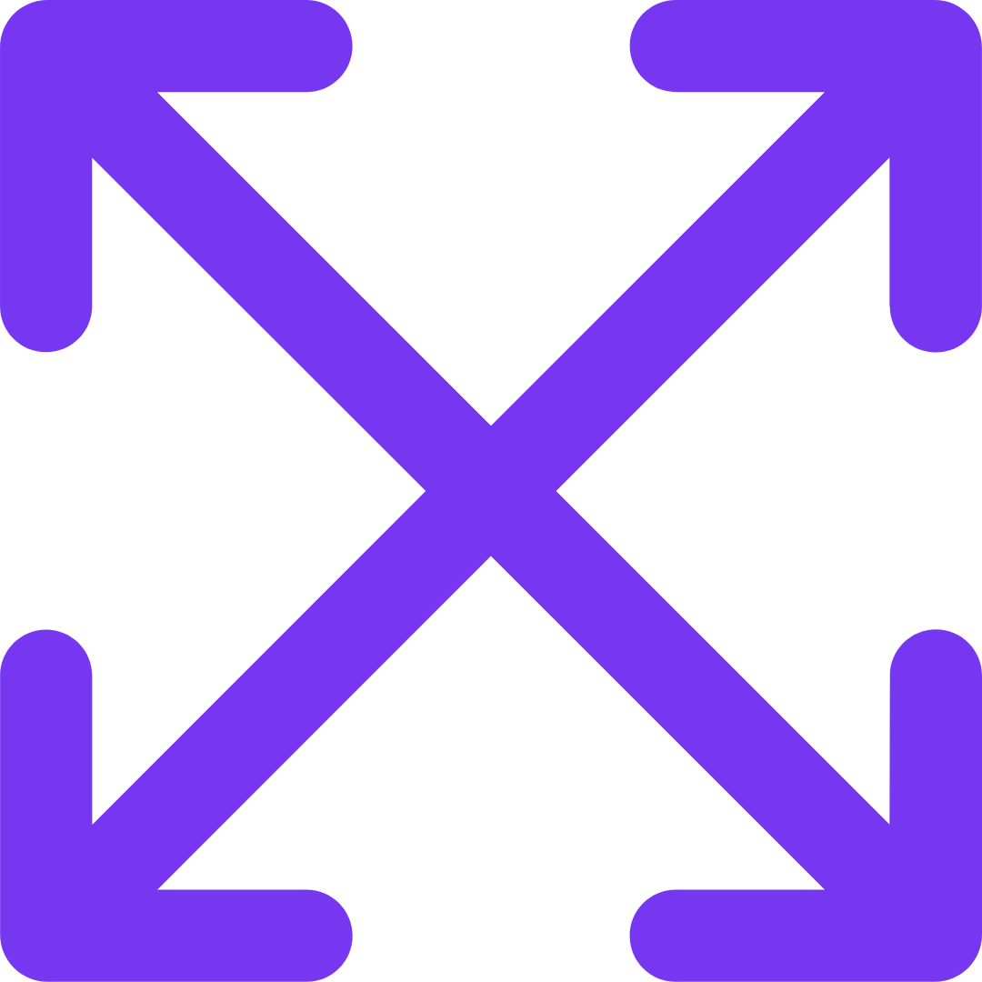 Lila Icon mit 4 Pfeilen die von der Mitte in Richtung Ecke zeigen.