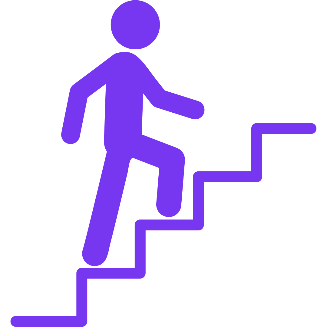 Lila Icon mit einen Männchen, das eine Treppe hoch geht.